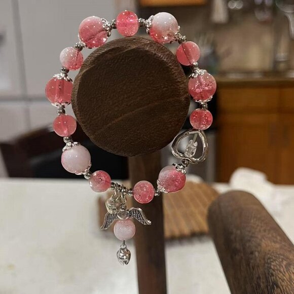 Elegant Pink Beaded Bracelet with Silver Charms - Picture 2 of 3